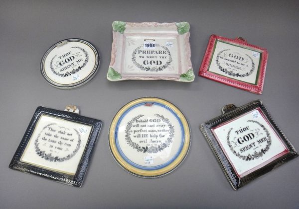 A group of six earthenware plaques, 19th, of rectangular or circular form, each printed with a religious verse, largest 20cm. wide, (6).