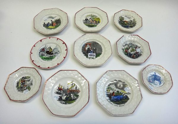 A group of ten pottery nursery plates, 19th century, mostly octagonal, printed and coloured with various subjects, the majority titled, within flower