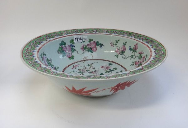 A late 19th century Chinese famille rose bowl decorated with fauna and flora, 37cm diameter, a Doulton Lambeth stoneware bowl, a pair of Edwardian gla