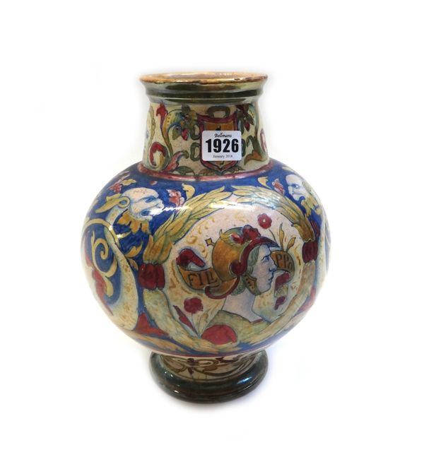 A Deruta style lustre vase, late 19th century, the bulbous body painted each side with titled portrait panels against a blue ground painted with grote