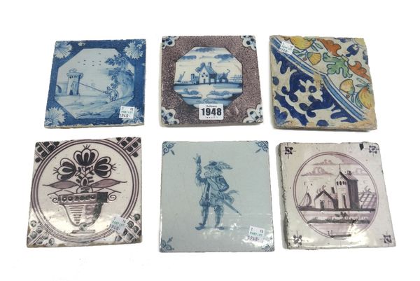 A group of sixteen delftware tiles, English and Dutch, 17th/18th century, including a Dutch Delft polychrome floral tile, a London powder-blue ground