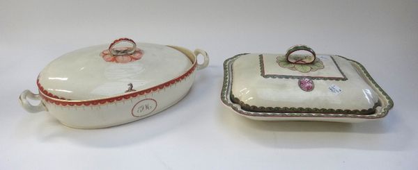 A group of creamwares, late 18th/early 19th century, comprising; a plain two-handled footbath, 32cm. length; a Wedgwood armorial two -handled oval tur