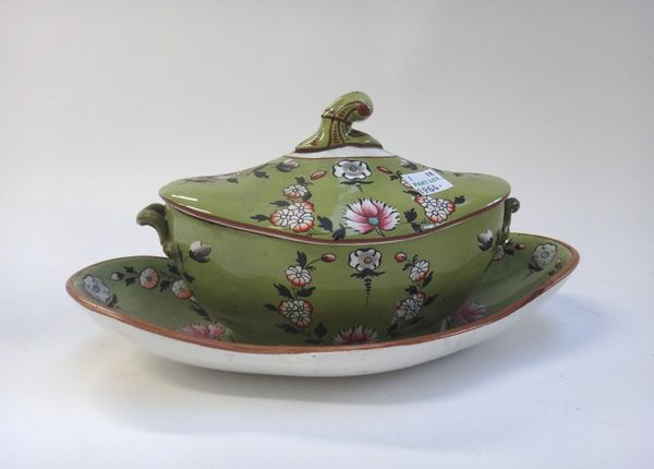 A group of English pottery and porcelain, 19th century, comprising; a Spode pearlware part dessert service, painted with flowers against an olive gree