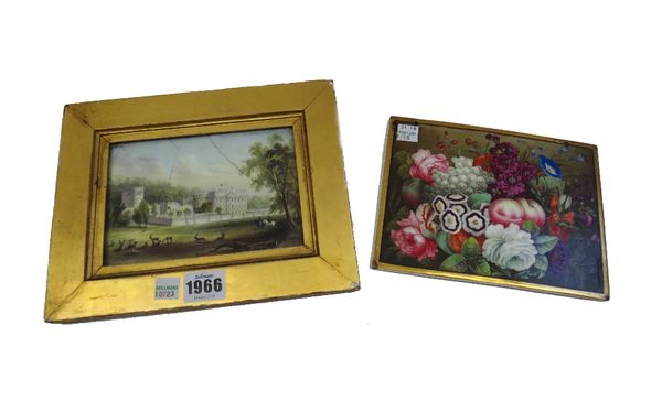 An English porcelain rectangular plaque, 19th century, painted with a still life of fruit and flowers within a gilt border, pierced for hanging, 14cm