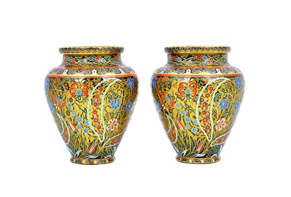 A pair of Lobmeyr `Persian style' enamelled and gilt glass vases, late 19th century, of ovoid form, enamelled with flowers and saz leaves, JLL monogra