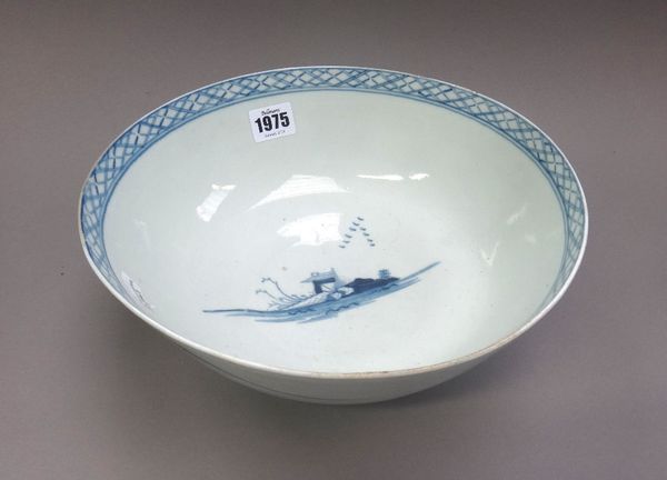 A Liverpool porcelain blue and white bowl, probably Philip Christian, circa 1770, painted on the exterior with a chinoiserie landscape, the interior p