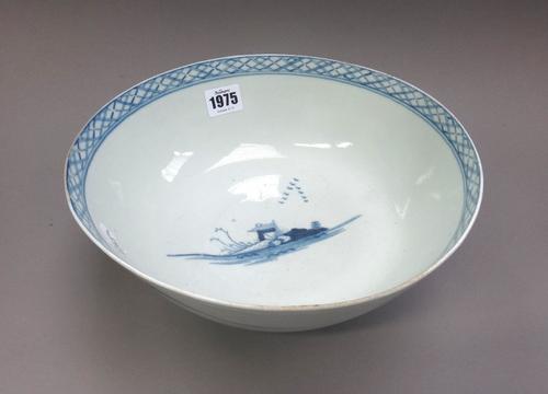 A Liverpool porcelain blue and white bowl, probably Philip Christian, circa 1770, painted on the exterior with a chinoiserie landscape, the interior p