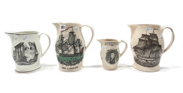 Four English creamware transfer printed baluster jugs, circa 1800 and later, each printed with American scenes, 'Ship Caroline' (21.5cm high), another