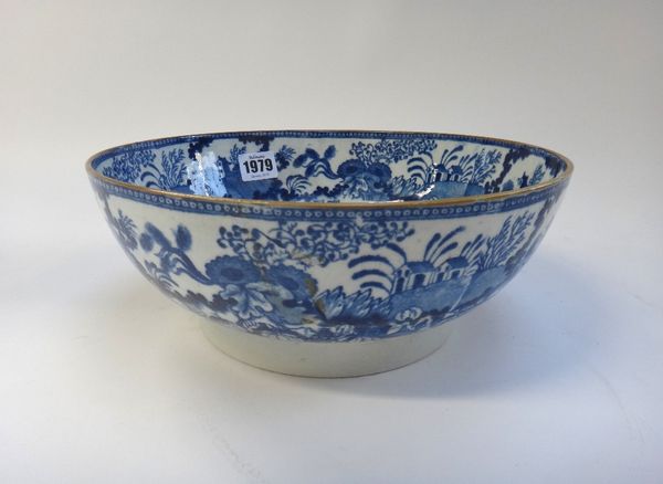 A group of blue and white printed earthenwares, circa 1820-40, comprising; a fruit bowl with titled view `A View of Belvidere near Windsor', 26.5cm. d