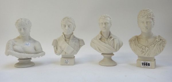 Two Robinson and Leadbetter parian busts, 19th century, 'Princess May' and 'Nelson' (19.5cm high), another parian bust 'Byron' impressed J & T.B and o