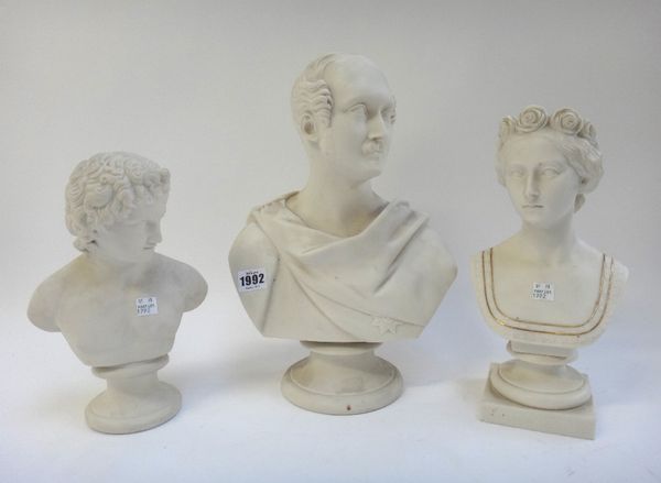 A Worcester W. Kerr &Co parian bust of 'Prince Albert' circa 1855 by E.J Jones (34cm high), a Minton bust impressed 'MARY THORNYCROFT' (28cm high) and