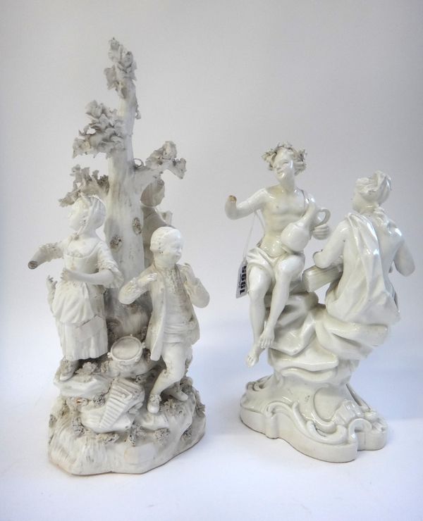 An 18th Continental century white glazed porcelain figure group, emblematic of the seasons, 25cm high and a Derby biscuit porcelain figure group, late