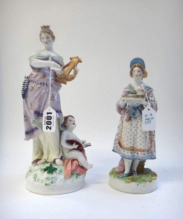 A Berlin porcelain figure group, circa 1900, depicting a regal figure, playing a harp with a putti at her feet, painted and printed marks (26.5cm high