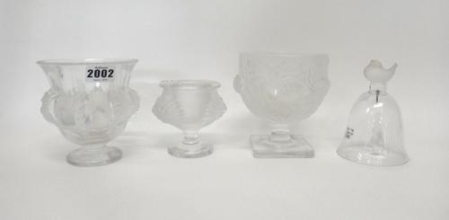 A modern Lalique clear and frosted glass 'Dampierre' footed vase, moulded with birds amongst foliage (12cm high), another similar larger modern Laliqu