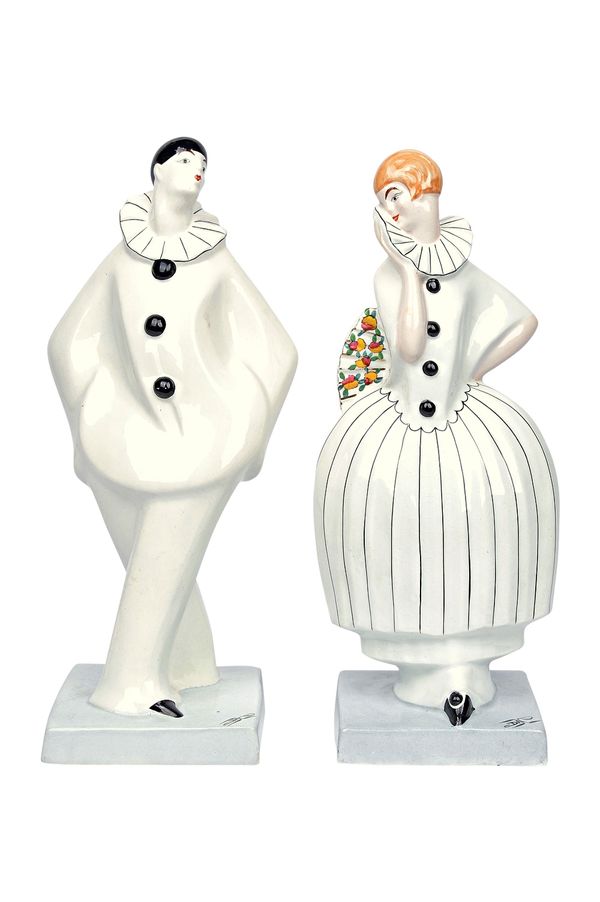 Models attributed to Edouard Cazaux; 'Pierrot' and 'Columbine', a pair of Art Deco polychrome earthenware figures, circa 1930, each raised on a signed