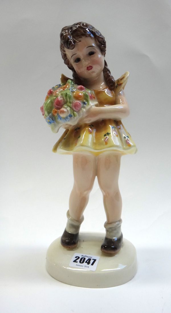 A Keramos Austrian figure, circa 1930, modelled as a young girl holding a bunch of flowers, impressed 'DAKON', '2072' and with black printed factory m