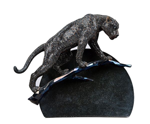 A Swarovski Pointiage 'Moonlight' crystal myriad black jaguar, by Elisabeth Adamer, limited edition 027/300, with certificate, accessories and hard ca