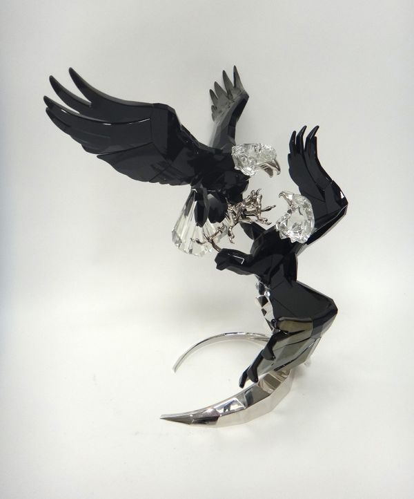 A Swarovski crystal 'Pair of Eagles' limited edition 2015 centrepiece by Martin Zendron, with accessories and hard case, 38cm high.