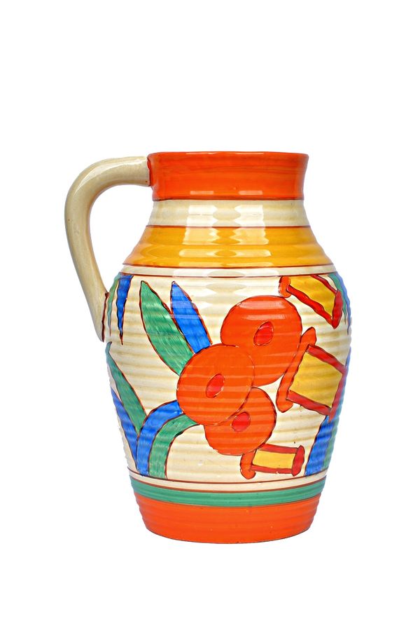 A Clarice Cliff 'Bobbins' Lotus jug, 1931-33, with single handle and a ribbed body, black printed mark to base 'Fantasque Bizarre by Clarice Cliff.' 2