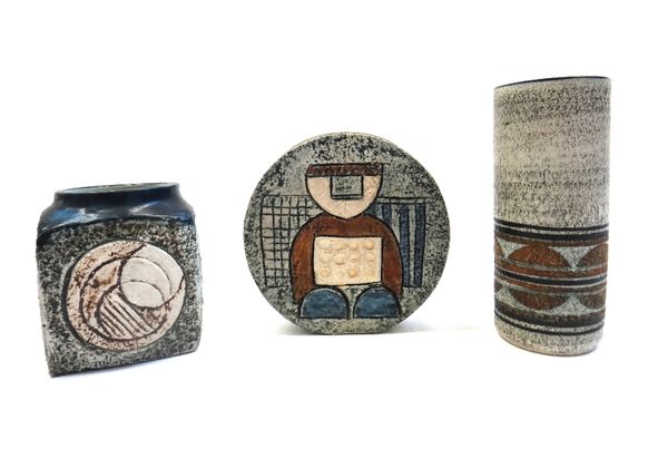 Three Troika pottery items comprising; a small wheel vase, signed 'MM' (11.5cm high), a small marmalade pot by Holly Jackson circa. 1977 (9cm high) an