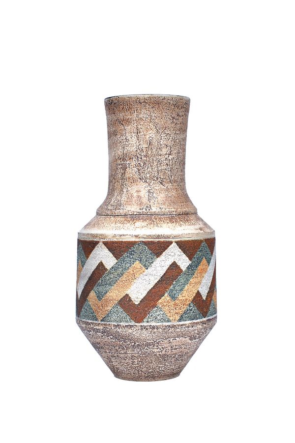 A Troika cylindrical 'urn' pottery vase by Louise Jinks, circa 1980, polychrome decorated with a geometric band against a circular body, signed 'Troik