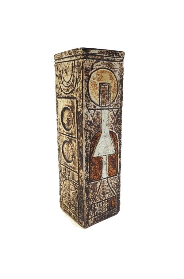 A Troika pottery slab vase, indistinctly signed, circa 1975, painted in tones of brown and cream, with incised geometric patterns against a square bod