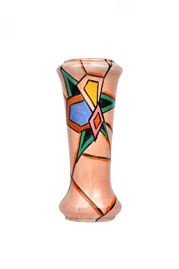 A Clarice Cliff Bizarre vase, circa 1935, decorated in the 'Latona' pattern resembling stained glass, against a peach ground, with black printed marks