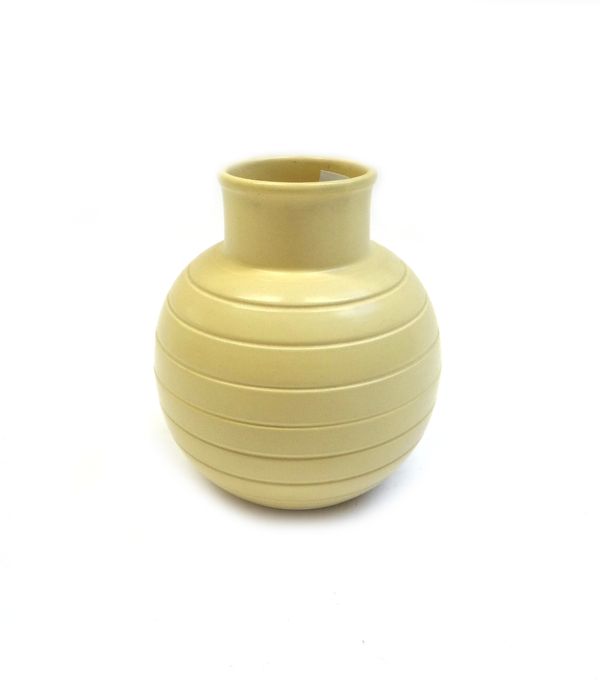 A Wedgwood 'Bomb' vase by Keith Murray, circa 1935, of ribbed globular form, matt yellow, with printed marks, 15cm high.