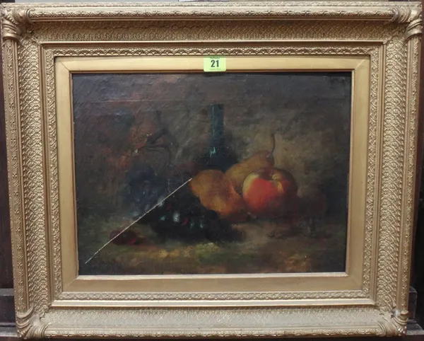 English School (19th century), Still life of fruit and bottle, oil on canvas, 29cm x 39cm.  M1