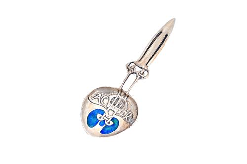 A Liberty & Co silver and blue-green enamelled Art Nouveau spoon, commemorating King Edward VII and Queen Alexandra, the bowl detailed 'AC ERVII' and