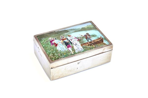 A Victorian silver and enamelled rectangular table cigarette box, wooden lined within, the hinged lid mounted with an enamelled panel depicting two co