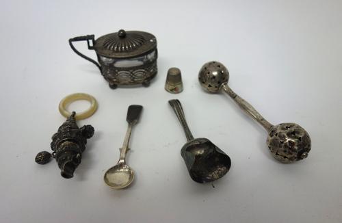 Silver and silver mounted wares, comprising; a Victorian oval mustard pot with pierced decoration, with a colourless glass liner, Birmingham 1896, a f