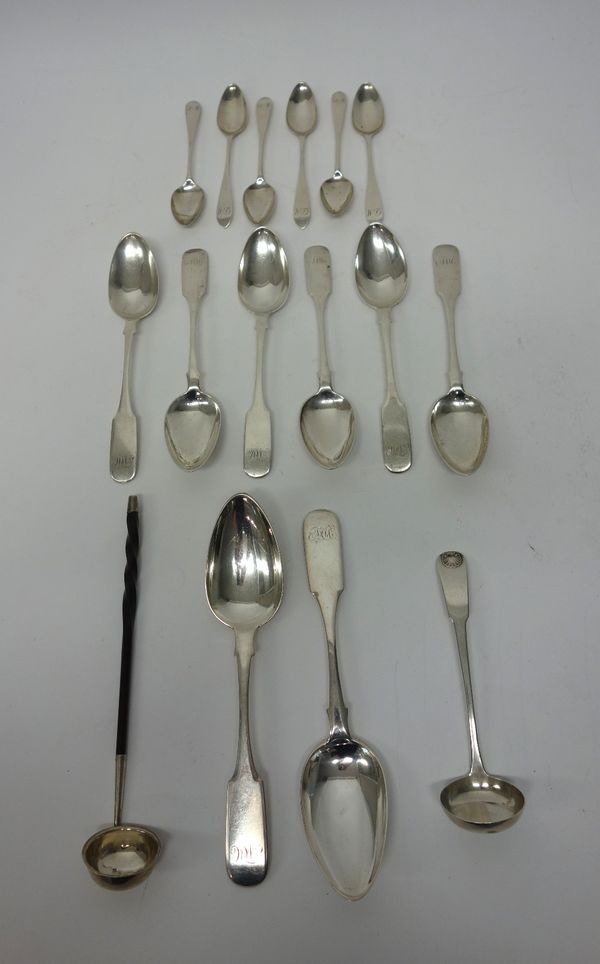 Mostly Scottish silver, comprising; a toddy ladle, with a twisted whalebone handle, Glasgow 1819, six teaspoons, probably Edinburgh 1804, a single str