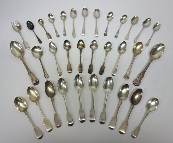 Silver, comprising; two double struck King's pattern dessert spoons, London 1829, four fiddle pattern teaspoons, London 1856, three fiddle pattern tea