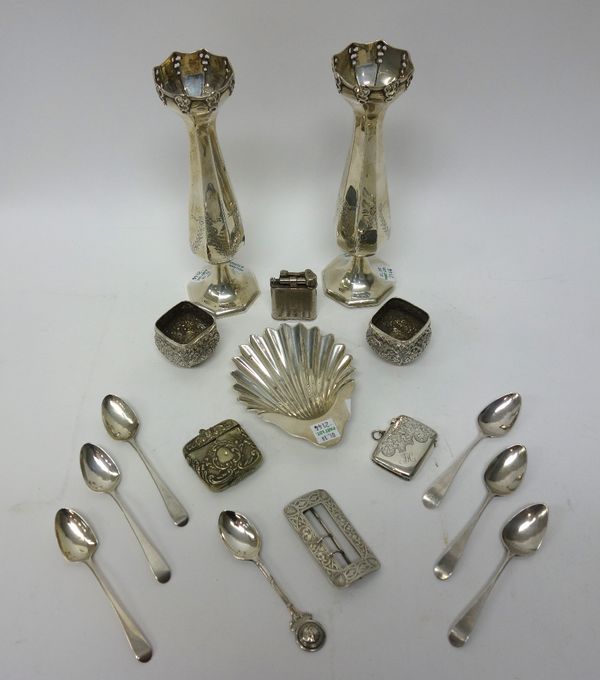 Silver and silver mounted wares, comprising; a pair of octagonal vases, each of tapering form, engraved with bows and pendant floral swags, with pierc