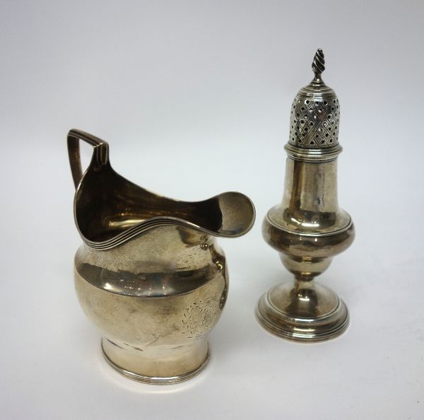 Silver, comprising; a George III milk jug, of helmet shaped form, with an angular handle, London 1797 and a sugar caster, of baluster form, the top wi