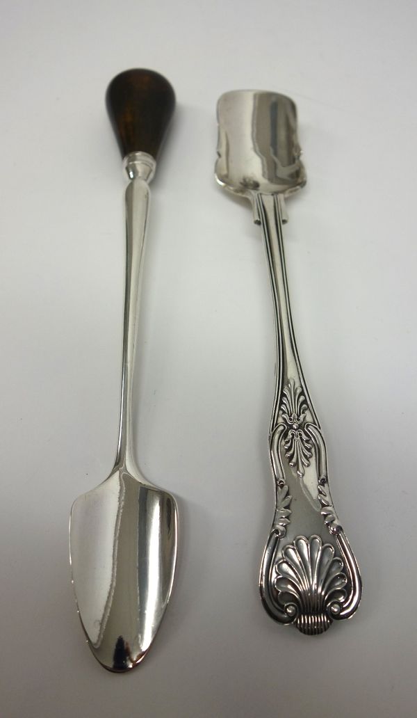 A silver King's pattern cheese scoop, Sheffield 1936 and a George III silver cheese scoop, crest and motto engraved London possibly 1792, (2).