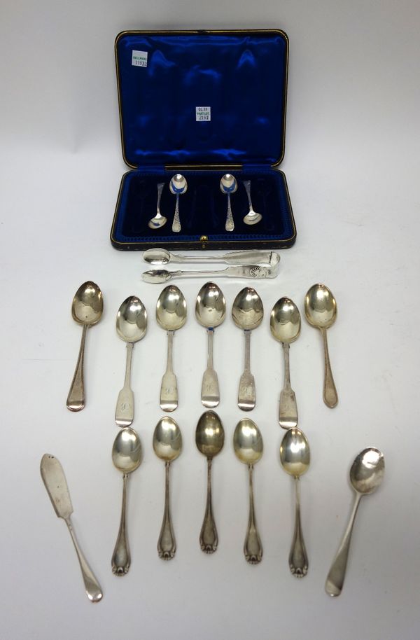 Silver table flatware, comprising; three fiddle pattern teaspoons, Newcastle 1852, four coffee spoons, having engraved decoration, Sheffield 1912, wit