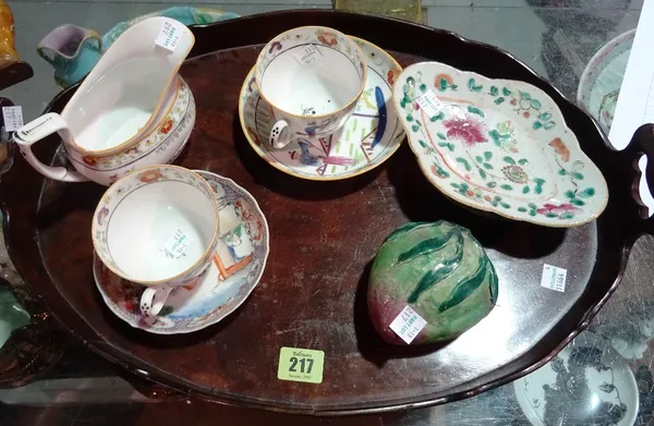 Ceramics and collectables, including; a 19th century mahogany galleried tray, a small group of Oriental teacups, saucers and a model of a pomegranate,