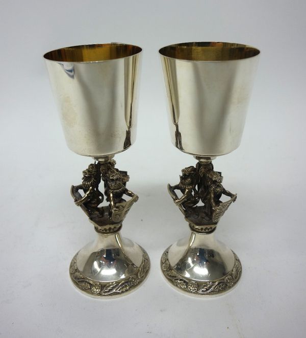 A pair of Aurum silver goblets, detailed Made by Order of The Kings, Heralds and Pursuivants of Arms, to commemorate The Quincentenary in 1984 of The