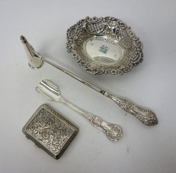 Silver and silver mounted wares, comprising; a Victorian King's pattern cheese scoop, (probably converted from a tablespoon), London 1877, a shaped ov