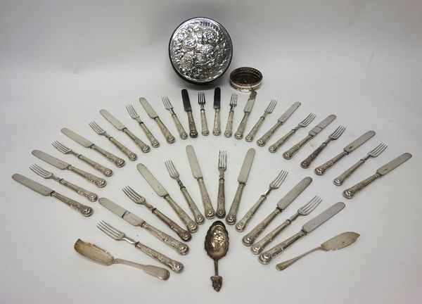 Silver and silver mounted wares, comprising; a King's pattern part dessert service, comprising; eighteen knives and seventeen forks, with loaded silve