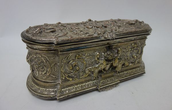 A European plated on copper hinge lidded casket, of curved rectangular form, profusely decorated with cherubs, mythological creatures and with foliate