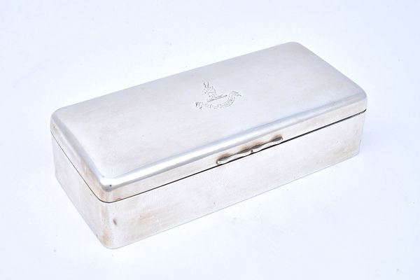 A late Victorian silver hinge lidded cigar box, of plain rectangular form, the lid crest and motto engraved, Birmingham 1898, size 21cm x 9.5cm x 5.5c