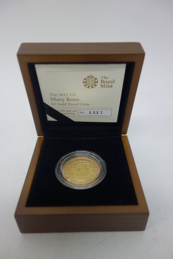 A gold proof two pounds coin, commemorating The Mary Rose, 2011 with a certificate, case and box.