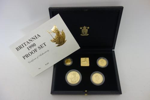 A United Kingdom Britannia gold proof four coin set, 1990, with a Royal Mint case and certificate.