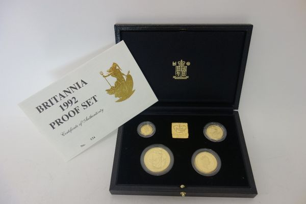 A United Kingdom Britannia gold proof four coin set, 1992, with a Royal Mint case and certificate.