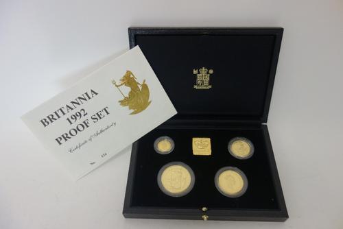 A United Kingdom Britannia gold proof four coin set, 1992, with a Royal Mint case and certificate.