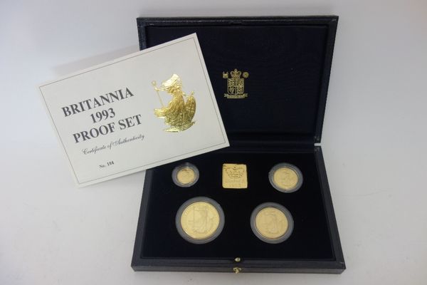 A United Kingdom Britannia gold proof four coin set, 1993, with a Royal Mint case and certificate.