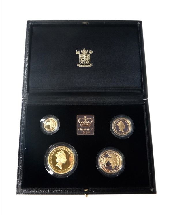 A United Kingdom Britannia gold proof four coin set, 1994, with a Royal Mint case and certificate.  Illustrated